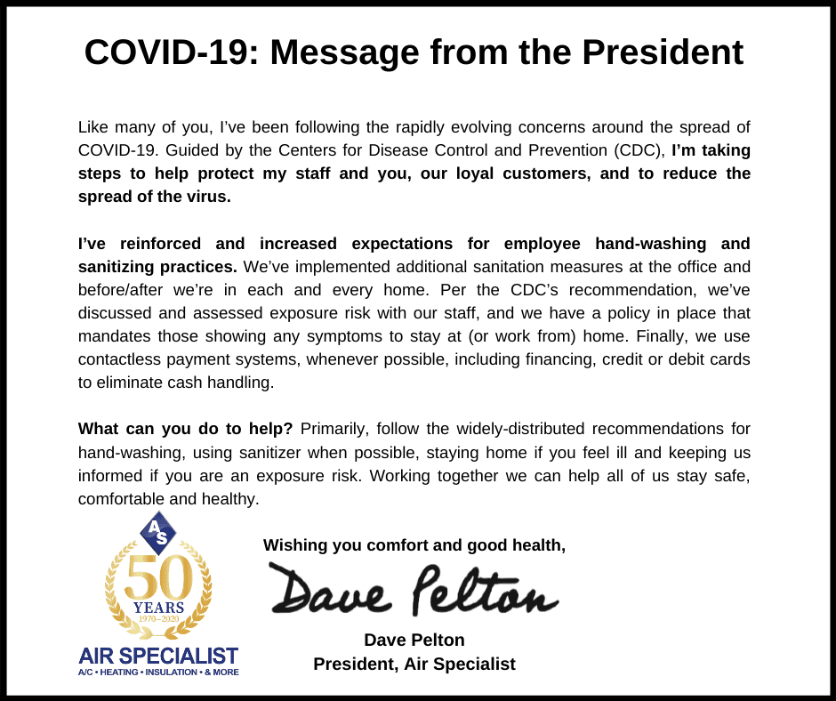 COVID-19 Message from teh President of Air Specialist in Metro Houston