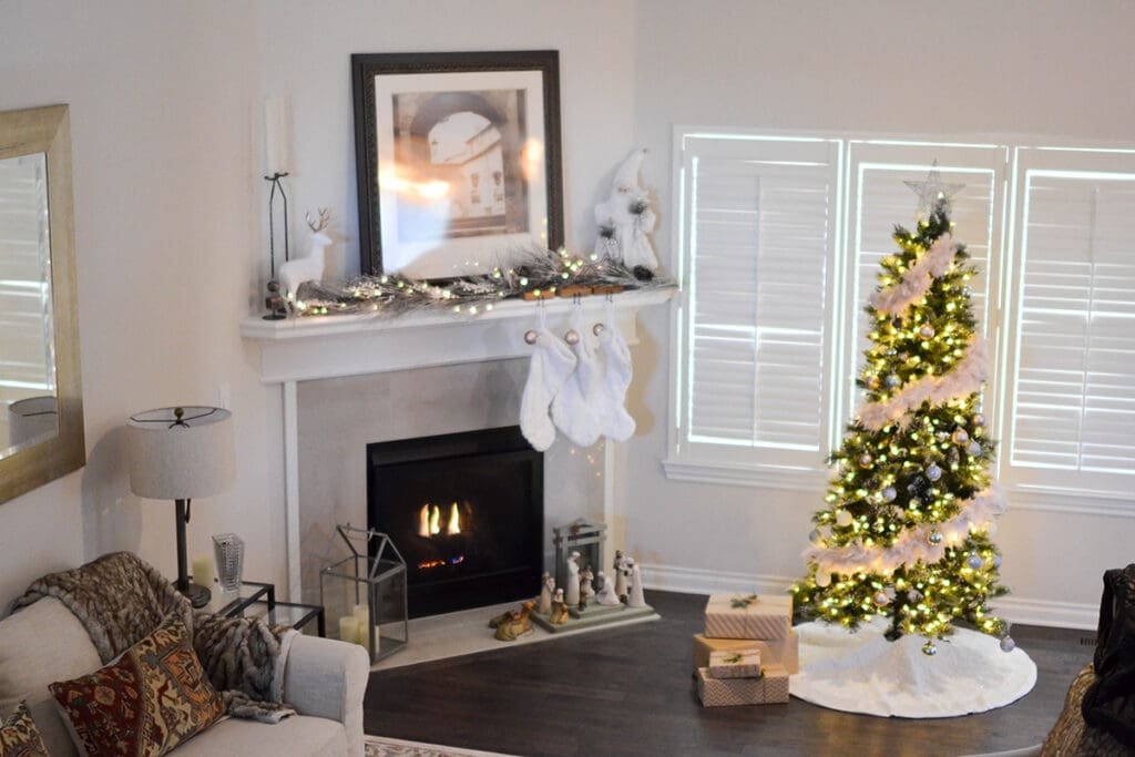 A living room decorated for Christmas