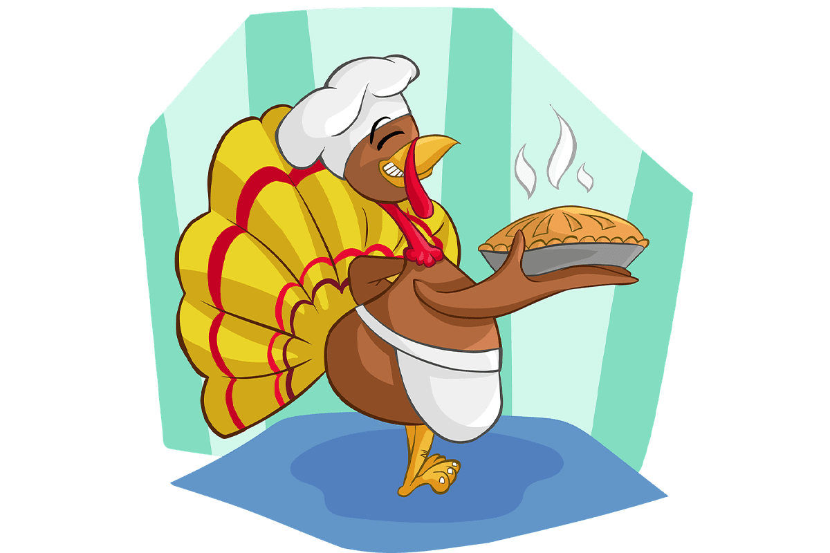 A cartoon turkey holding a freshly baked pie